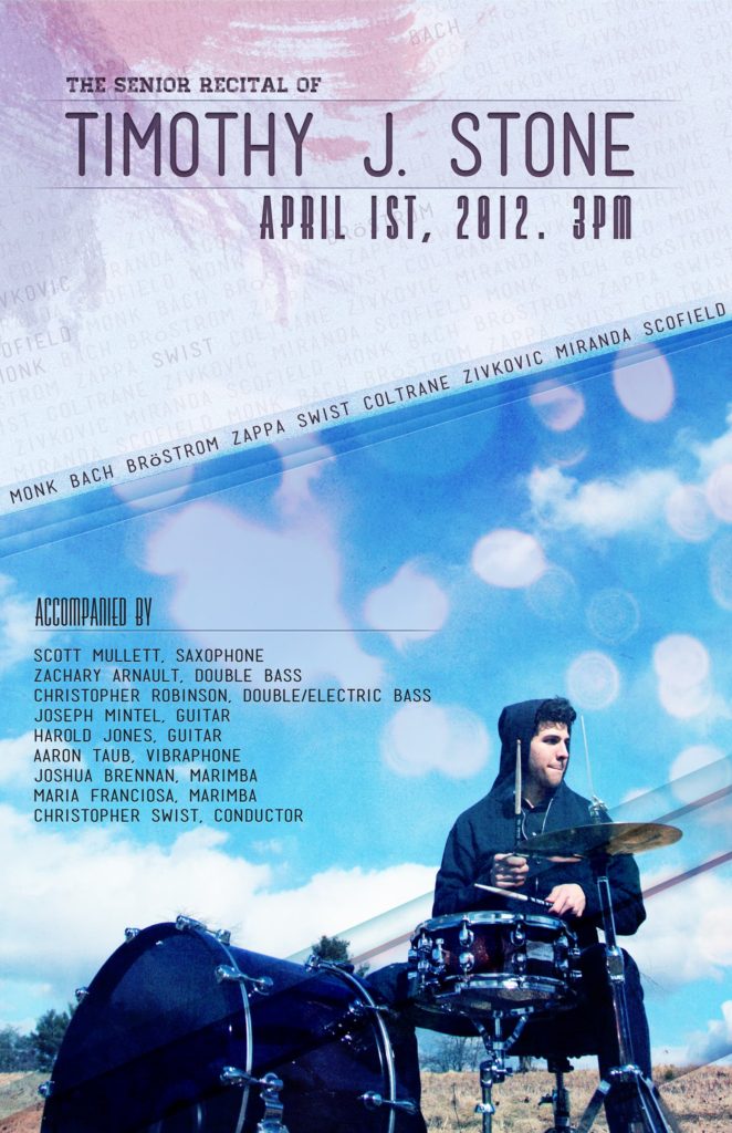 Print show poster with various composers names and event information. Artist playing drum kit in the middle of a field